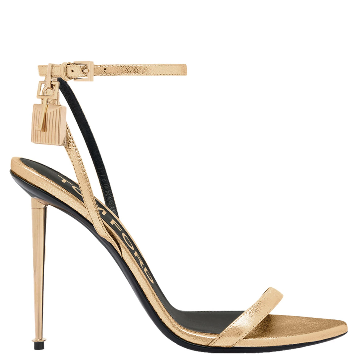 Gold Colored Pumps with High Stiletto Heel and Pendant Detail on the Ankle in Patent Leather Woman