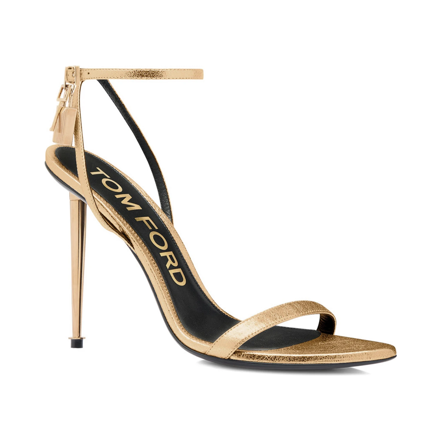 Gold Colored Pumps with High Stiletto Heel and Pendant Detail on the Ankle in Patent Leather Woman