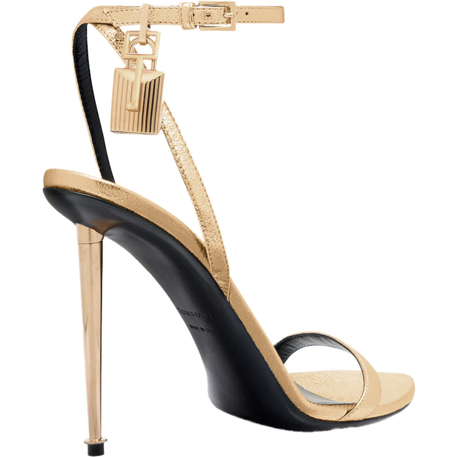 Gold Colored Pumps with High Stiletto Heel and Pendant Detail on the Ankle in Patent Leather Woman