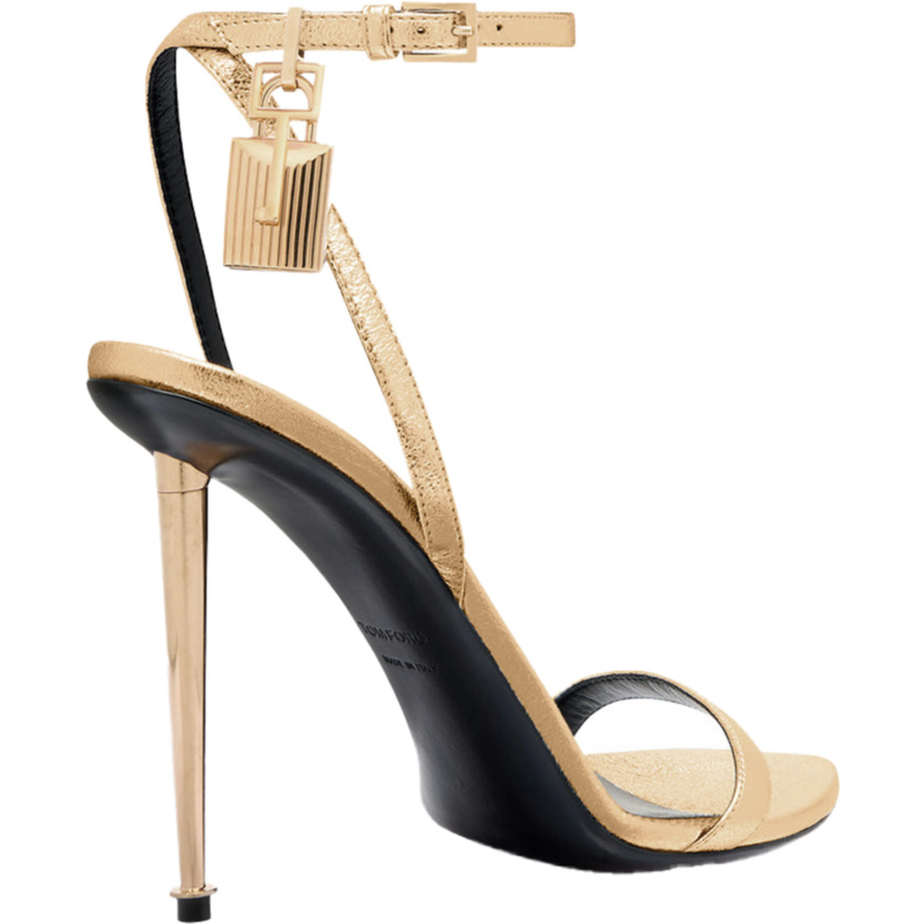 Gold Colored Pumps with High Stiletto Heel and Pendant Detail on the Ankle in Patent Leather Woman