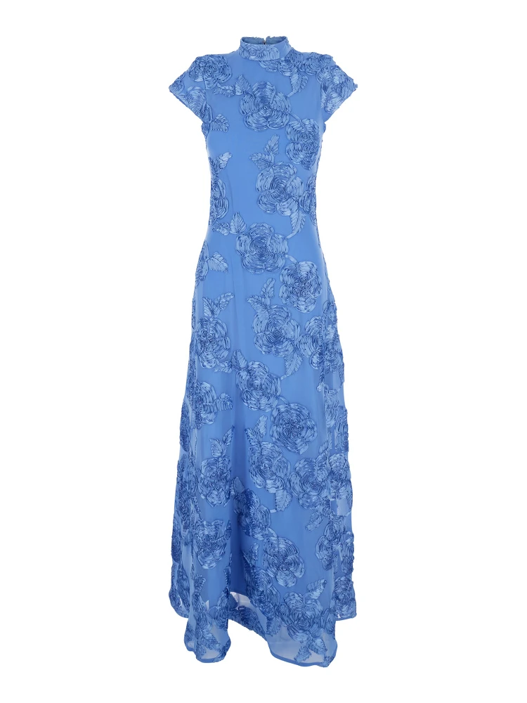 Blue Long Dress with High Neck and All-Over Floral Motif in Fabric Woman