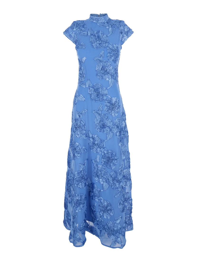 Blue Long Dress with High Neck and All-Over Floral Motif in Fabric Woman