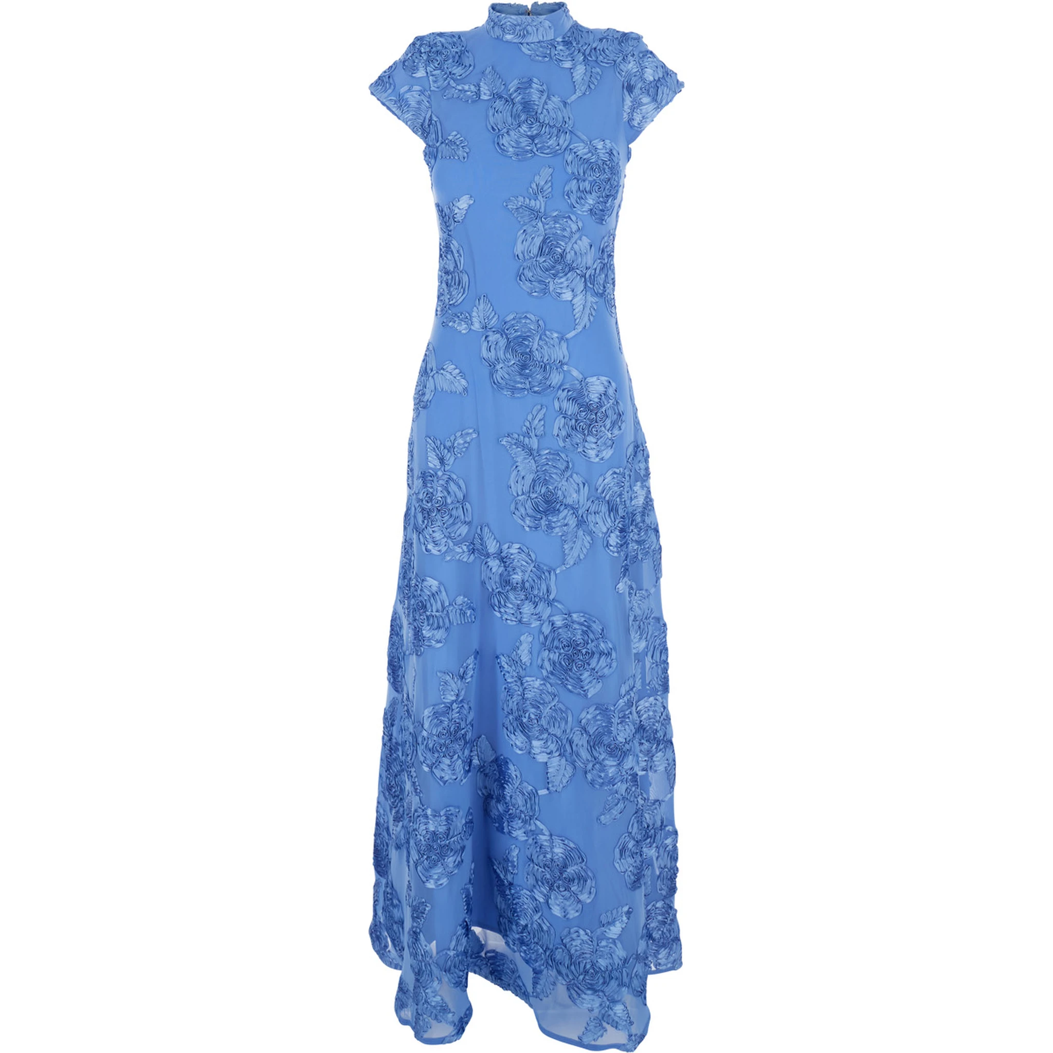 Blue Long Dress with High Neck and All-Over Floral Motif in Fabric Woman