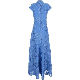 Blue Long Dress with High Neck and All-Over Floral Motif in Fabric Woman