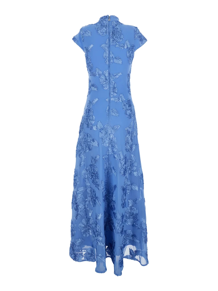 Blue Long Dress with High Neck and All-Over Floral Motif in Fabric Woman alternative