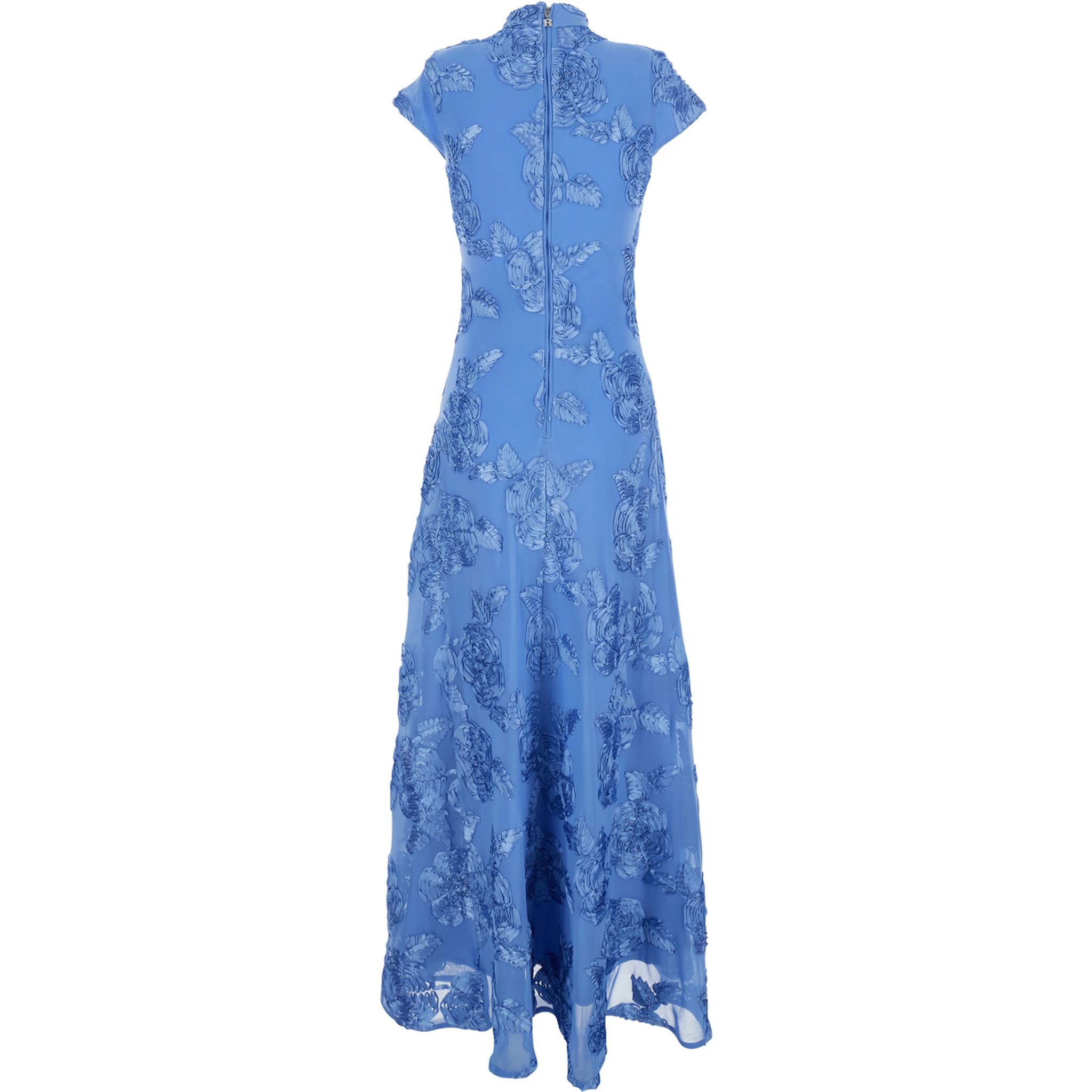 Blue Long Dress with High Neck and All-Over Floral Motif in Fabric Woman