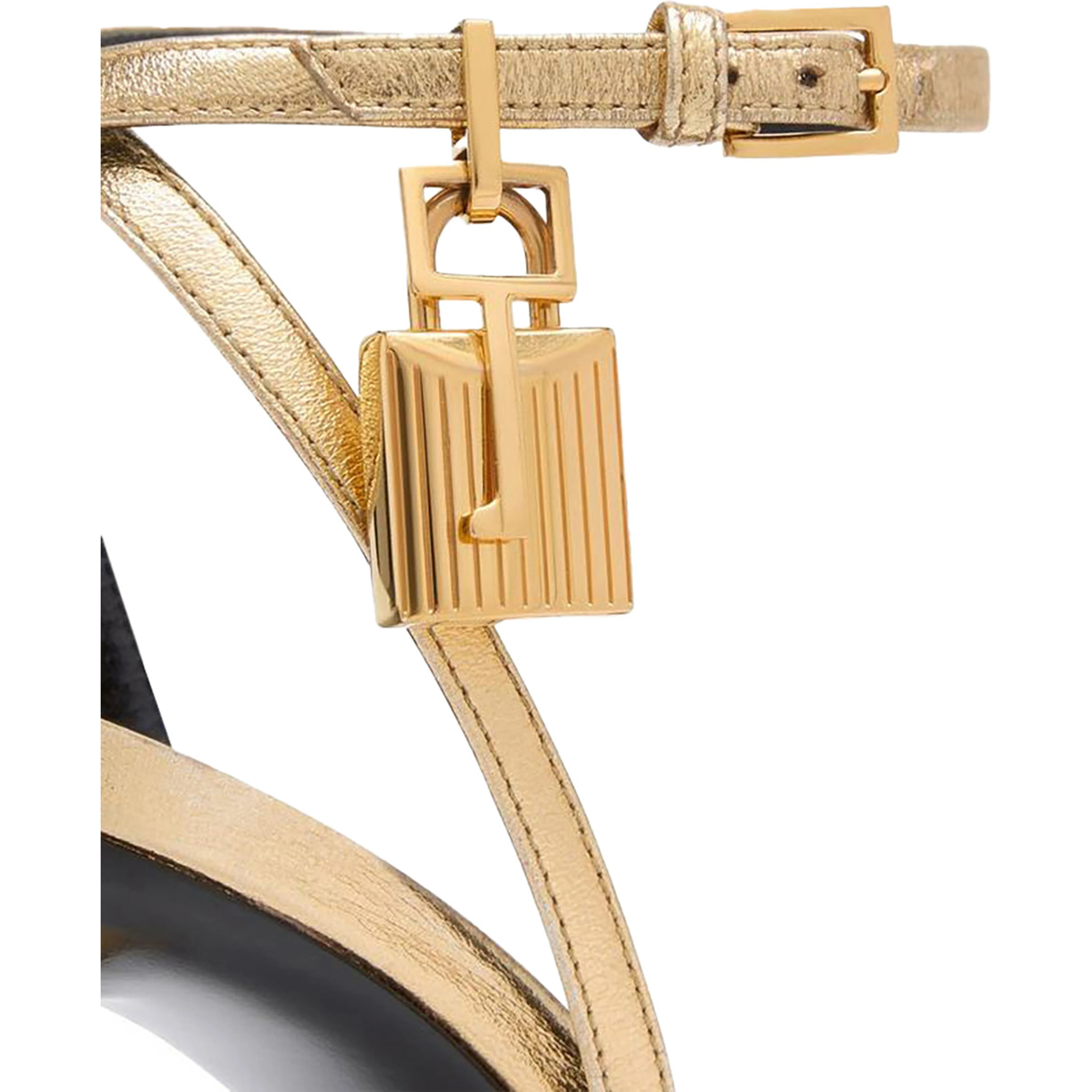 Gold Colored Pumps with High Stiletto Heel and Pendant Detail on the Ankle in Patent Leather Woman