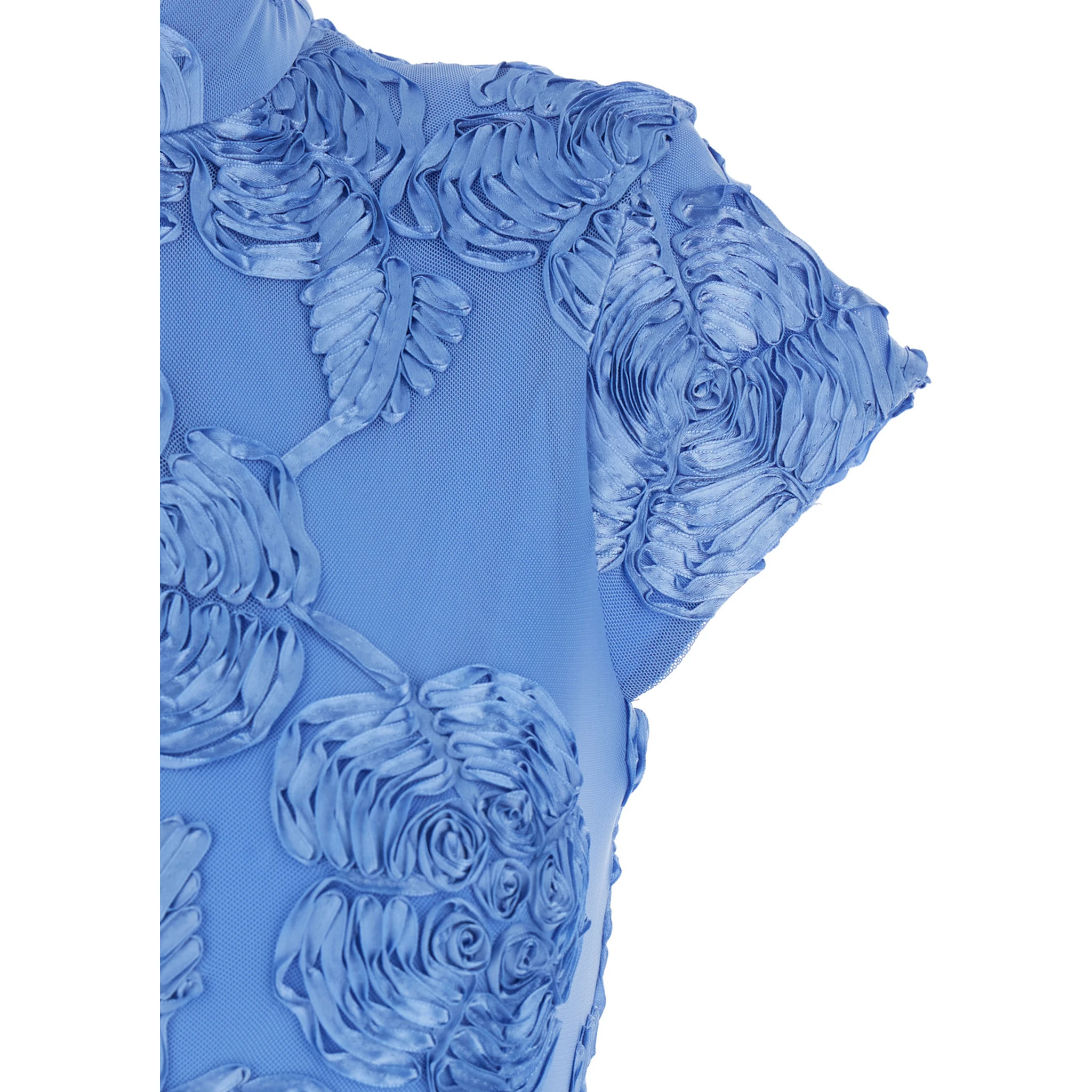 Blue Long Dress with High Neck and All-Over Floral Motif in Fabric Woman