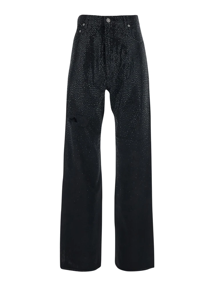 Black Jeans with Belt Loops and All-Over Crystal Embellishments in Denim Woman