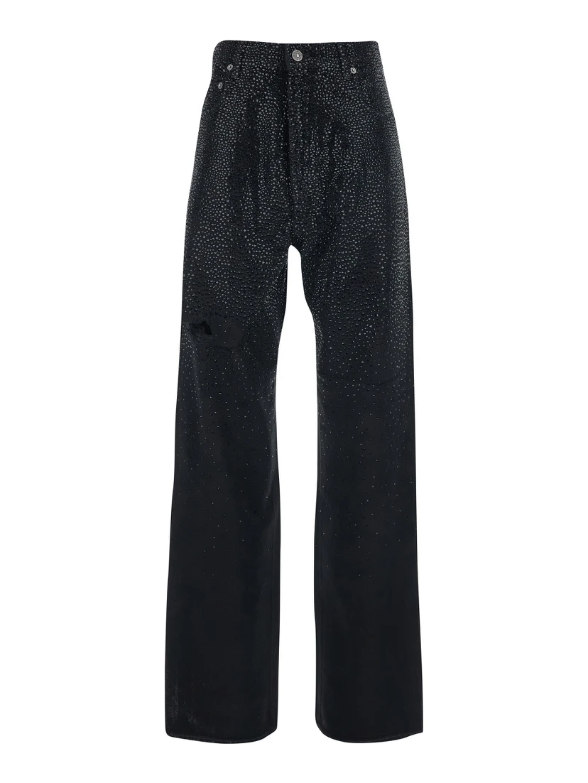 Black Jeans with Belt Loops and All-Over Crystal Embellishments in Denim Woman