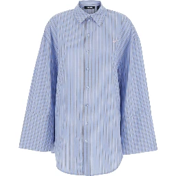 Light Blue Oversized Shirt with All-Over Stripe Motif and Embroidered Logo on the Front in Cotton Poplin Woman