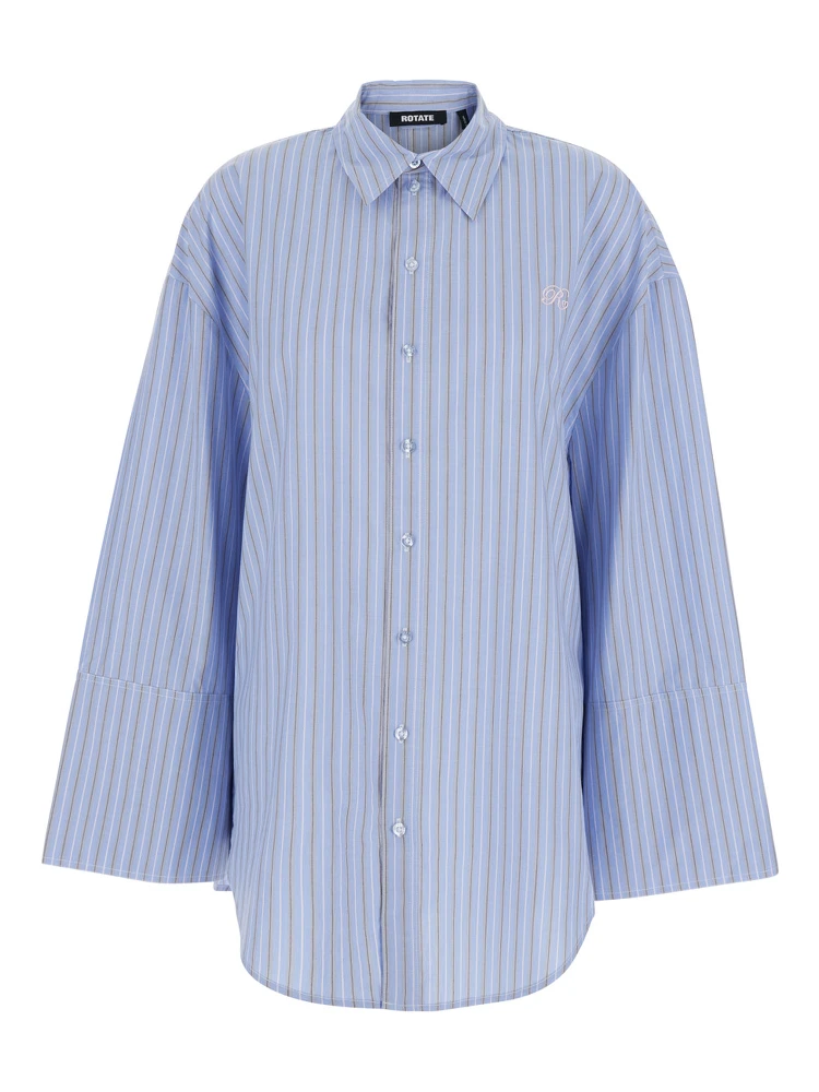Light Blue Oversized Shirt with All-Over Stripe Motif and Embroidered Logo on the Front in Cotton Poplin Woman