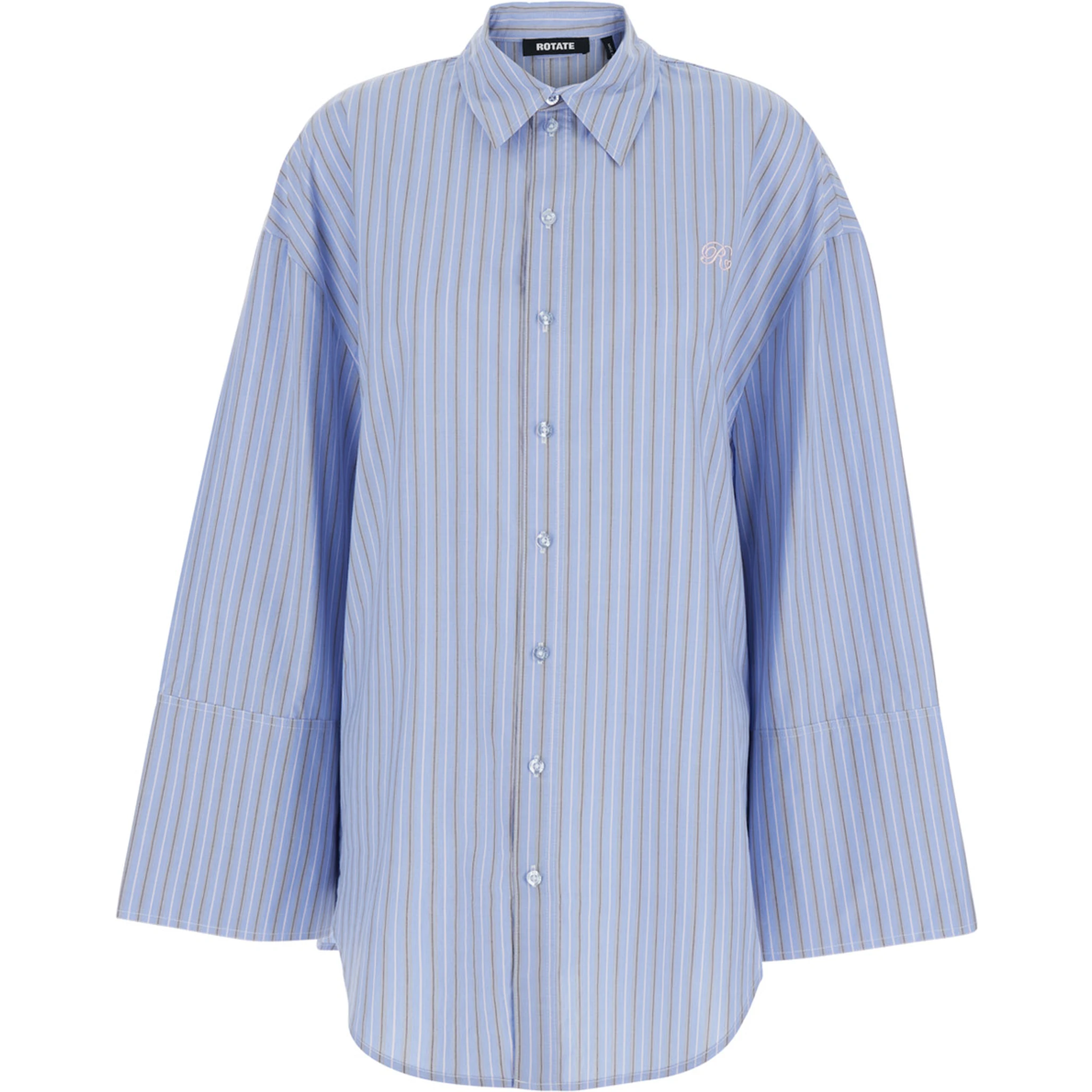 Light Blue Oversized Shirt with All-Over Stripe Motif and Embroidered Logo on the Front in Cotton Poplin Woman