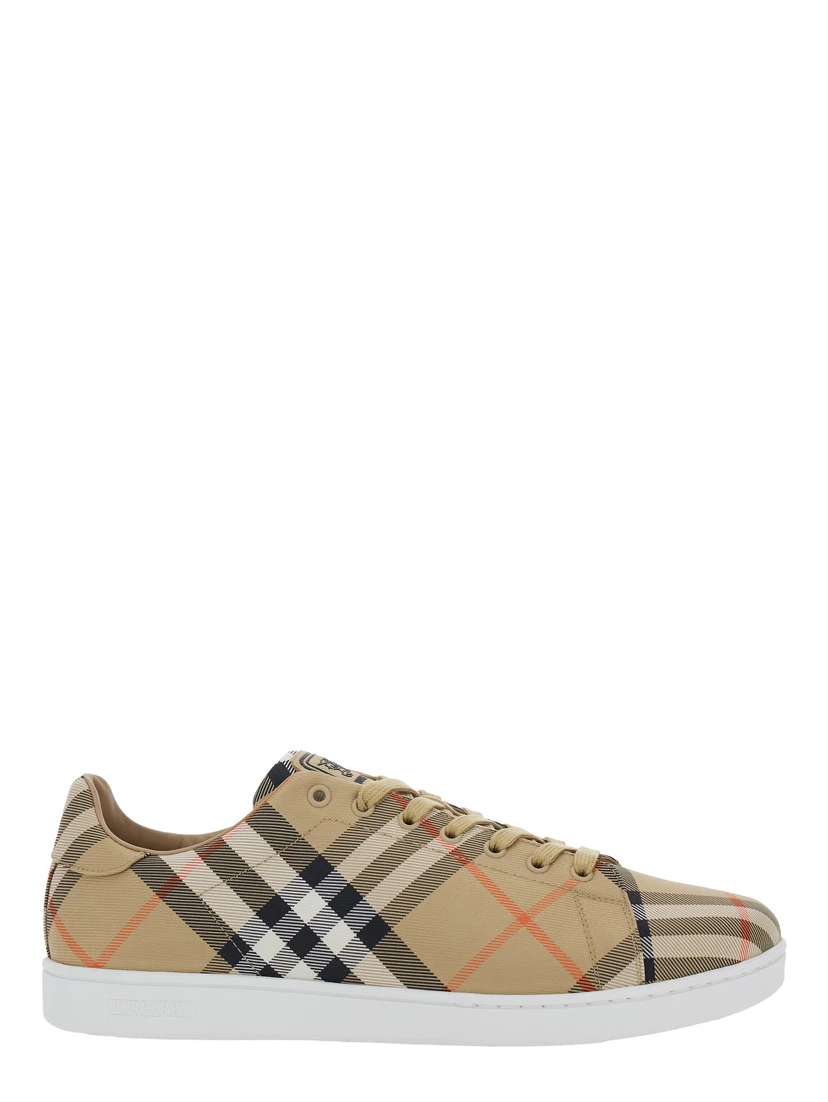 Set Beige Low-Top Sneaker with All-Over Check Pattern in Fabric and Leather Man