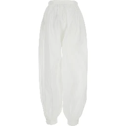White Crop Pants with Elastic Waist and Balloon Design in Cotton Woman