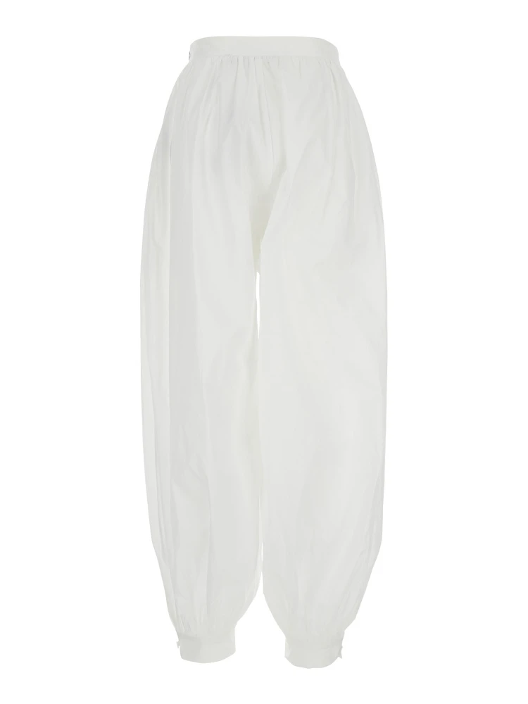 White Crop Pants with Elastic Waist and Balloon Design in Cotton Woman
