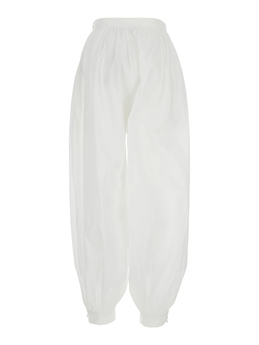White Crop Pants with Elastic Waist and Balloon Design in Cotton Woman