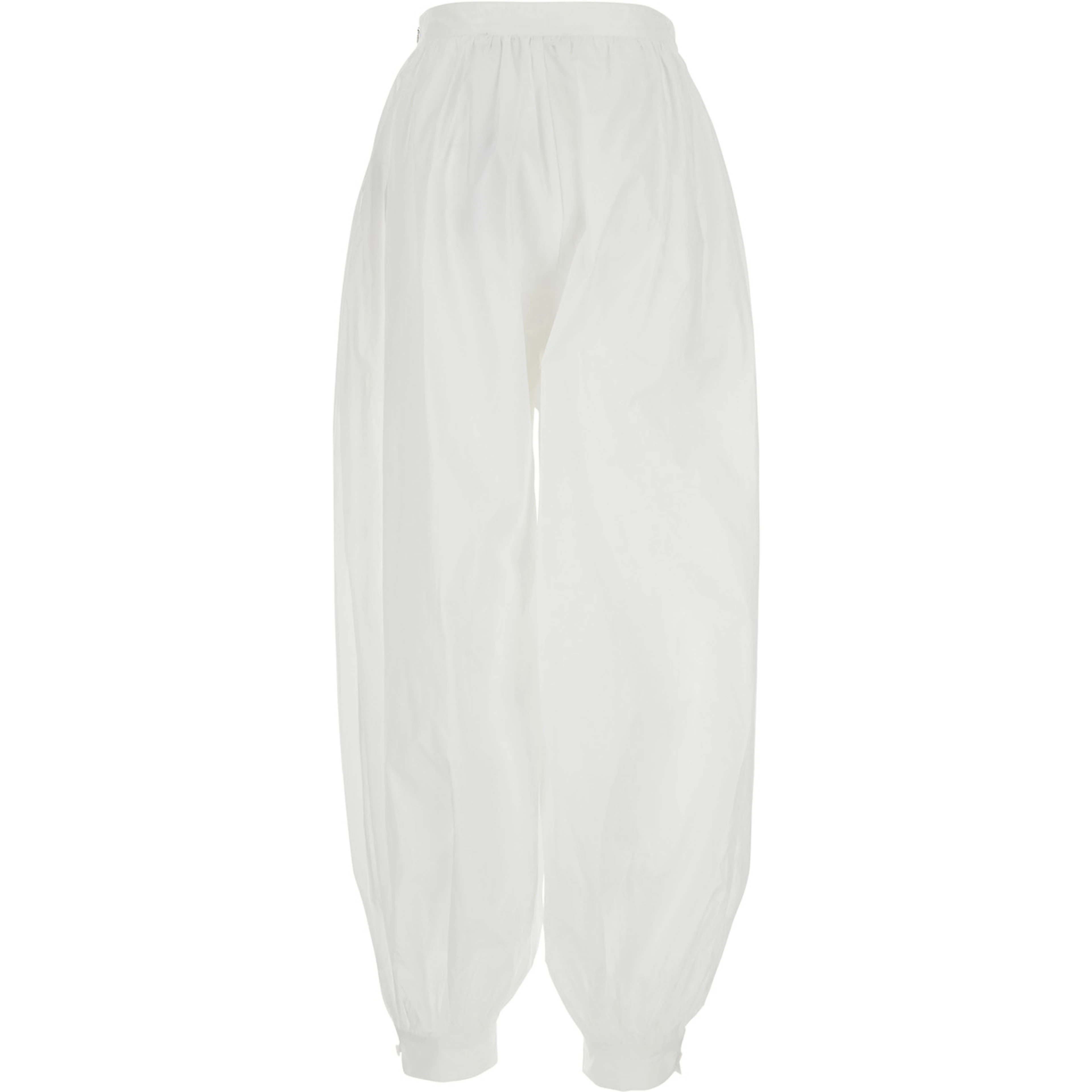 White Crop Pants with Elastic Waist and Balloon Design in Cotton Woman