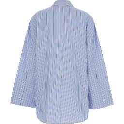 Light Blue Oversized Shirt with All-Over Stripe Motif and Embroidered Logo on the Front in Cotton Poplin Woman