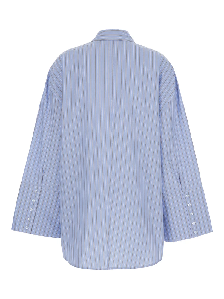 Light Blue Oversized Shirt with All-Over Stripe Motif and Embroidered Logo on the Front in Cotton Poplin Woman alternative