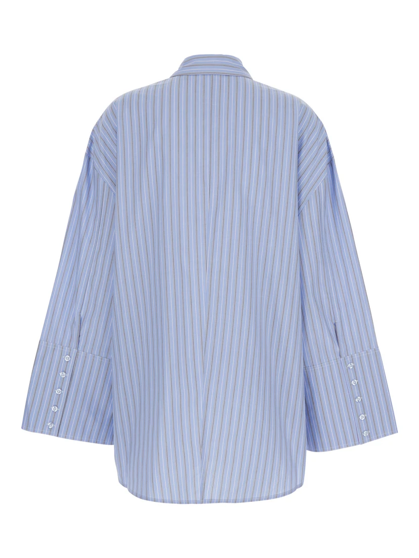 Light Blue Oversized Shirt with All-Over Stripe Motif and Embroidered Logo on the Front in Cotton Poplin Woman