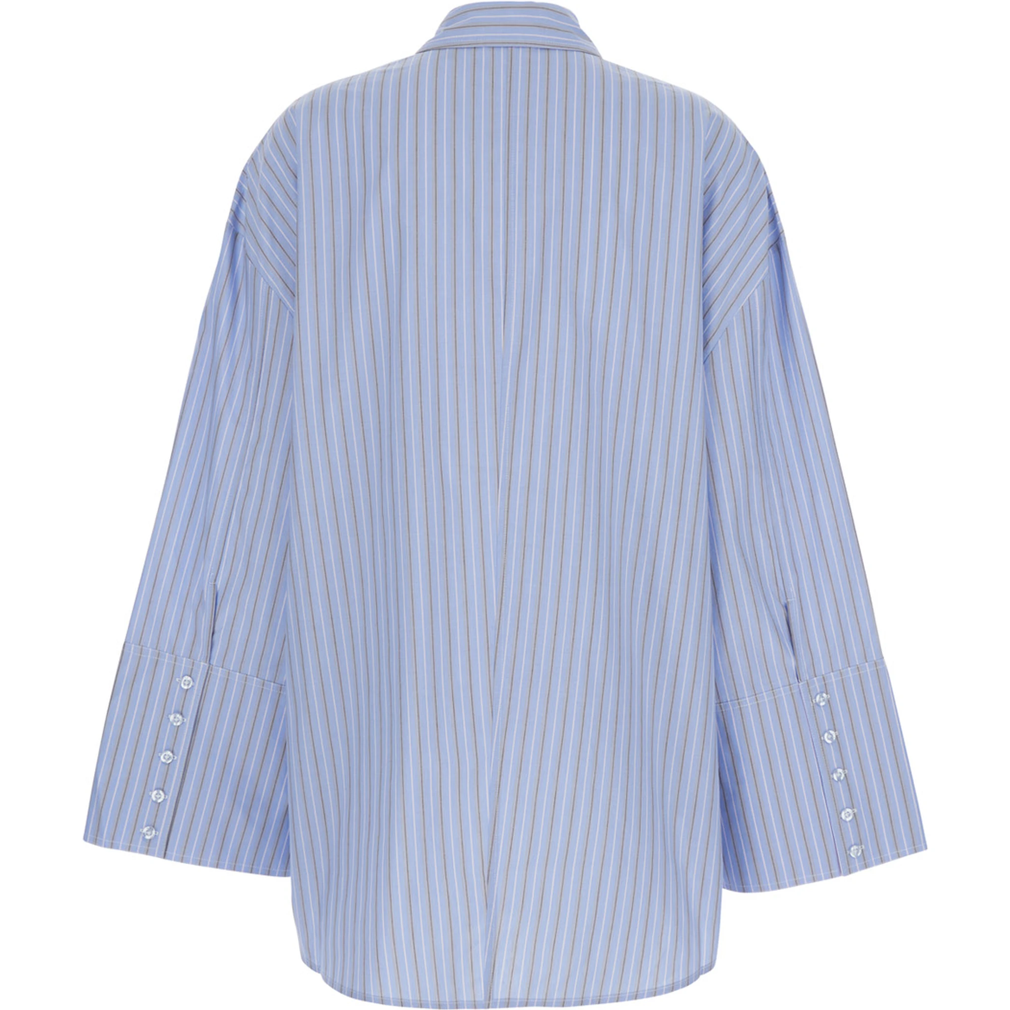 Light Blue Oversized Shirt with All-Over Stripe Motif and Embroidered Logo on the Front in Cotton Poplin Woman