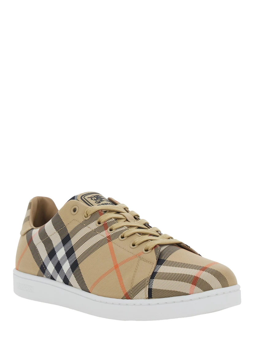 Set Beige Low-Top Sneaker with All-Over Check Pattern in Fabric and Leather Man