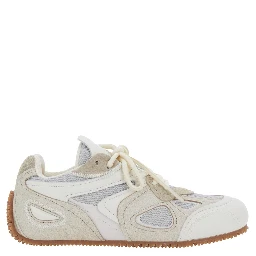 Slow Runner White and Beige Sneaker with Mesh Inserts and Grooved Sole in Leather and Fabric Woman