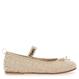 FF Ballet Shoes with Logo Strap and All-Over FF Motif in Beige Fabric for Girls