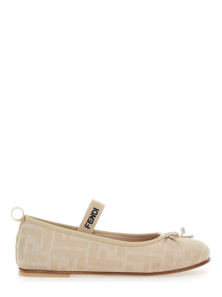 FF Ballet Shoes with Logo Strap and All-Over FF Motif in Beige Fabric for Girls
