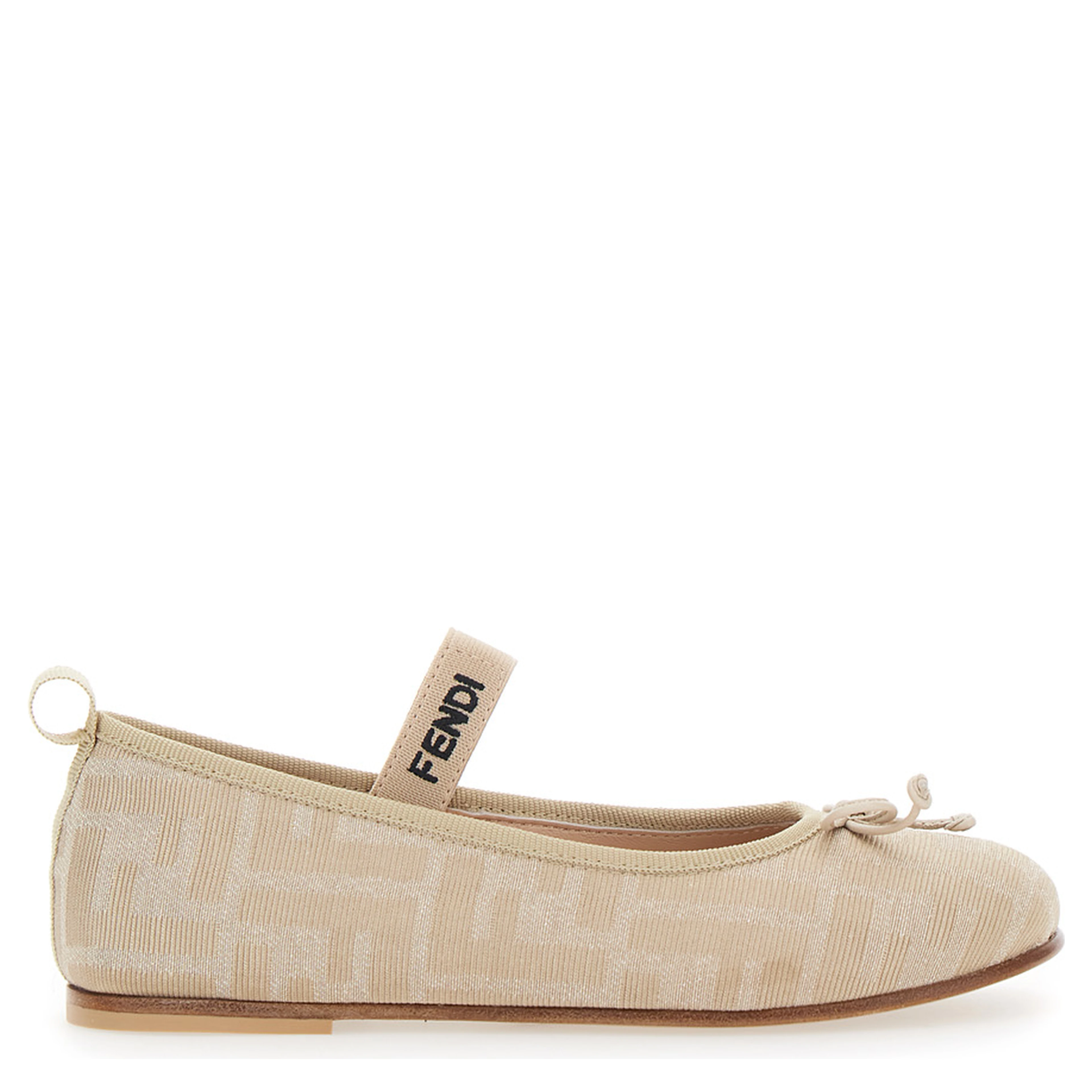 FF Ballet Shoes with Logo Strap and All-Over FF Motif in Beige Fabric for Girls