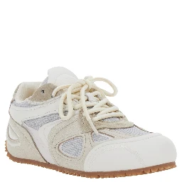 Slow Runner White and Beige Sneaker with Mesh Inserts and Grooved Sole in Leather and Fabric Woman