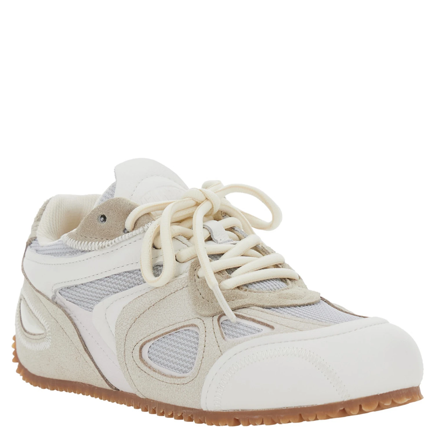 Slow Runner White and Beige Sneaker with Mesh Inserts and Grooved Sole in Leather and Fabric Woman