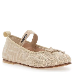 FF Ballet Shoes with Logo Strap and All-Over FF Motif in Beige Fabric for Girls