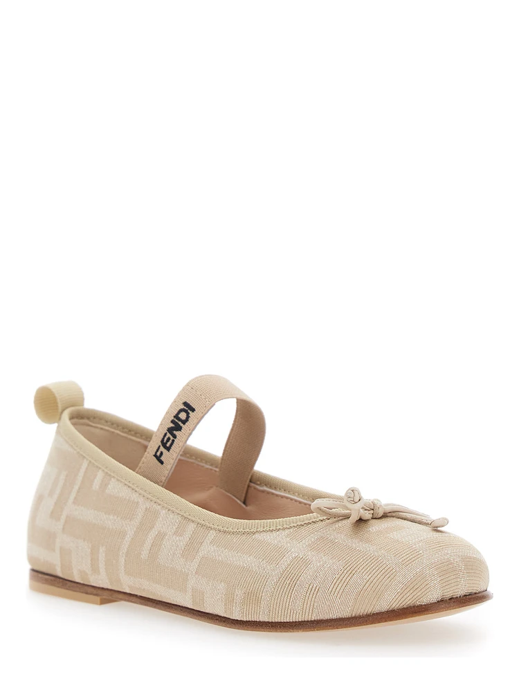 FF Ballet Shoes with Logo Strap and All-Over FF Motif in Beige Fabric for Girls alternative