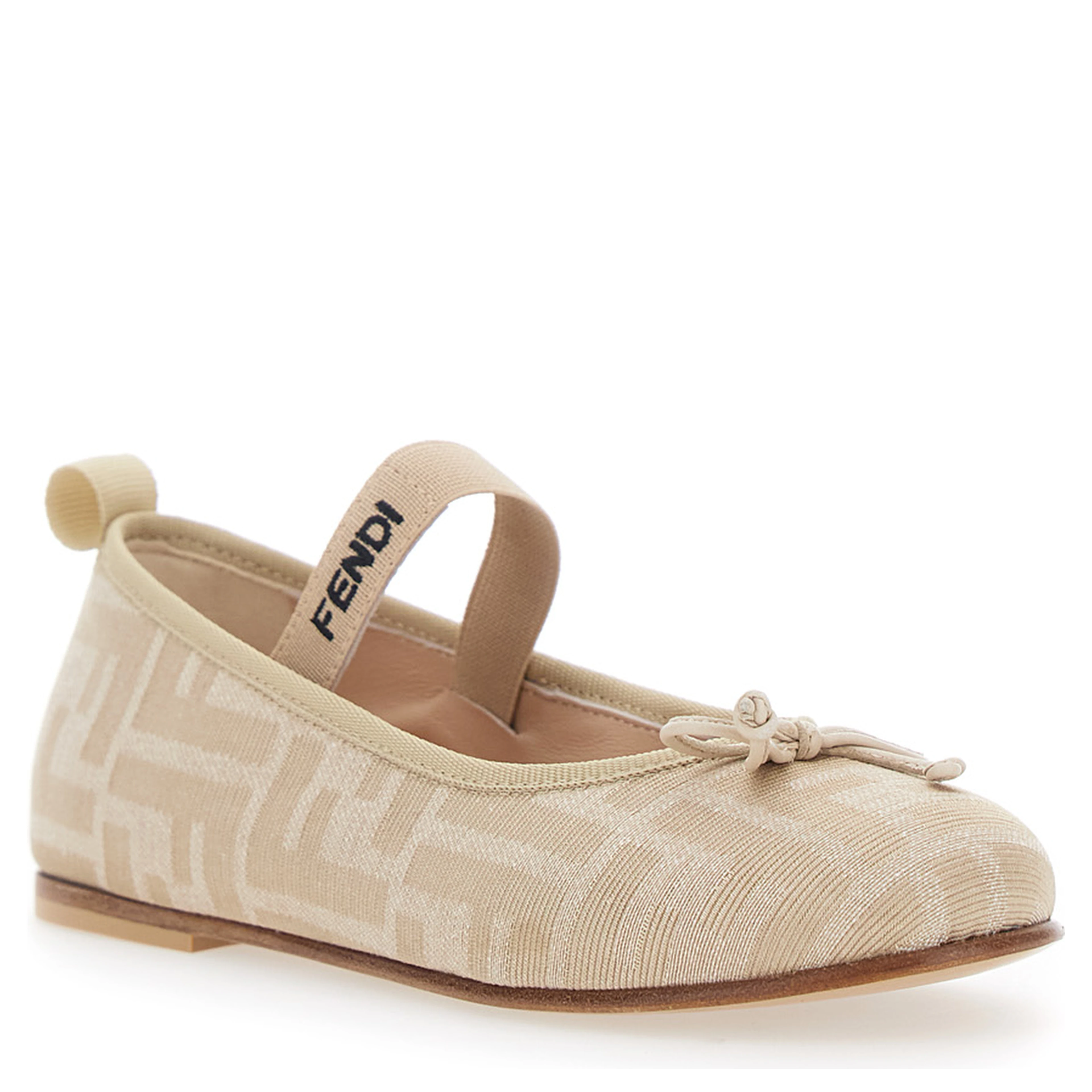 FF Ballet Shoes with Logo Strap and All-Over FF Motif in Beige Fabric for Girls