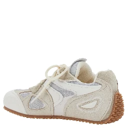 Slow Runner White and Beige Sneaker with Mesh Inserts and Grooved Sole in Leather and Fabric Woman