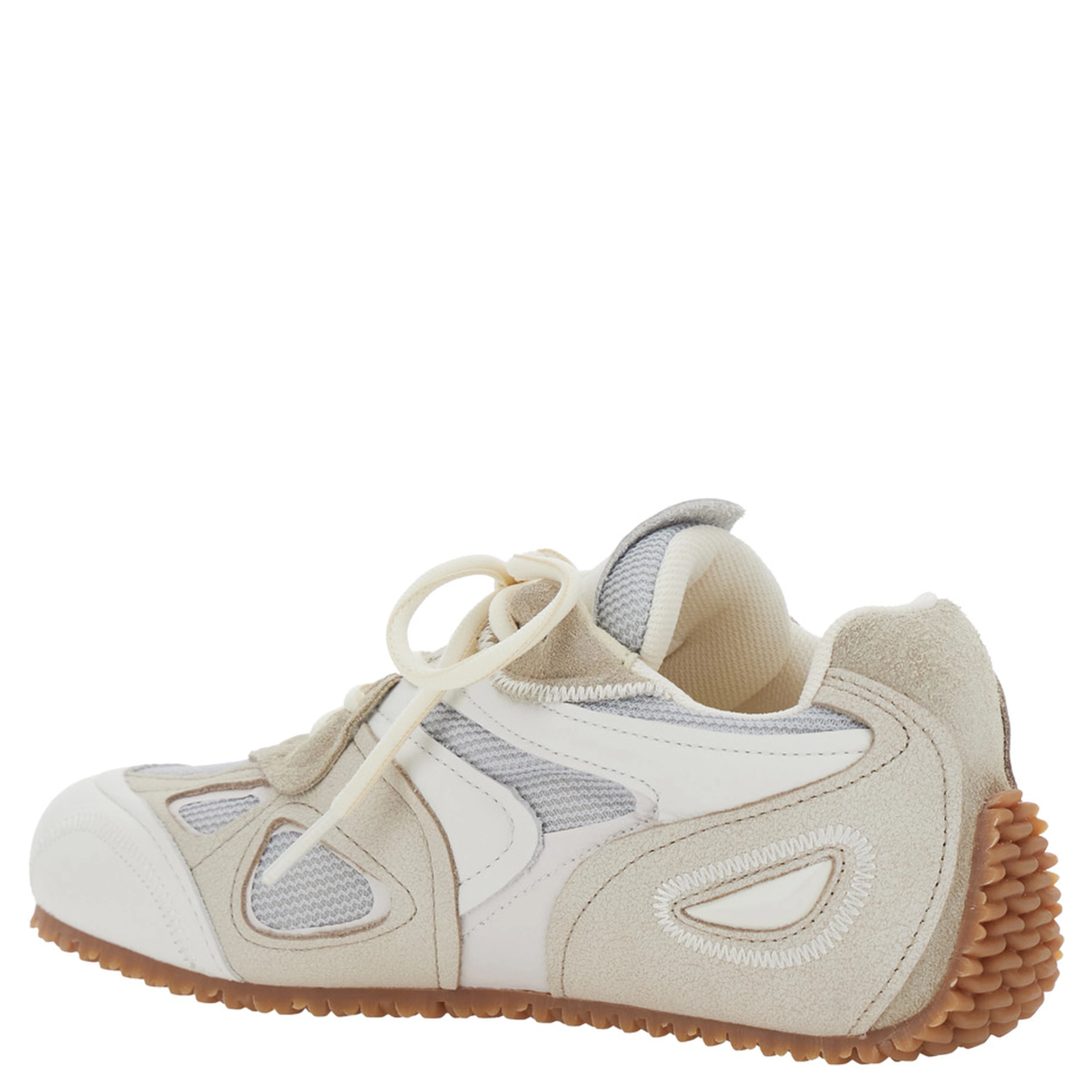 Slow Runner White and Beige Sneaker with Mesh Inserts and Grooved Sole in Leather and Fabric Woman