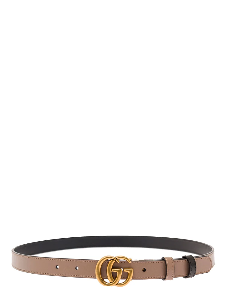 Pink and Black Reversible Belt with GG Logo and Aged-gold Hardware in Leather Woman