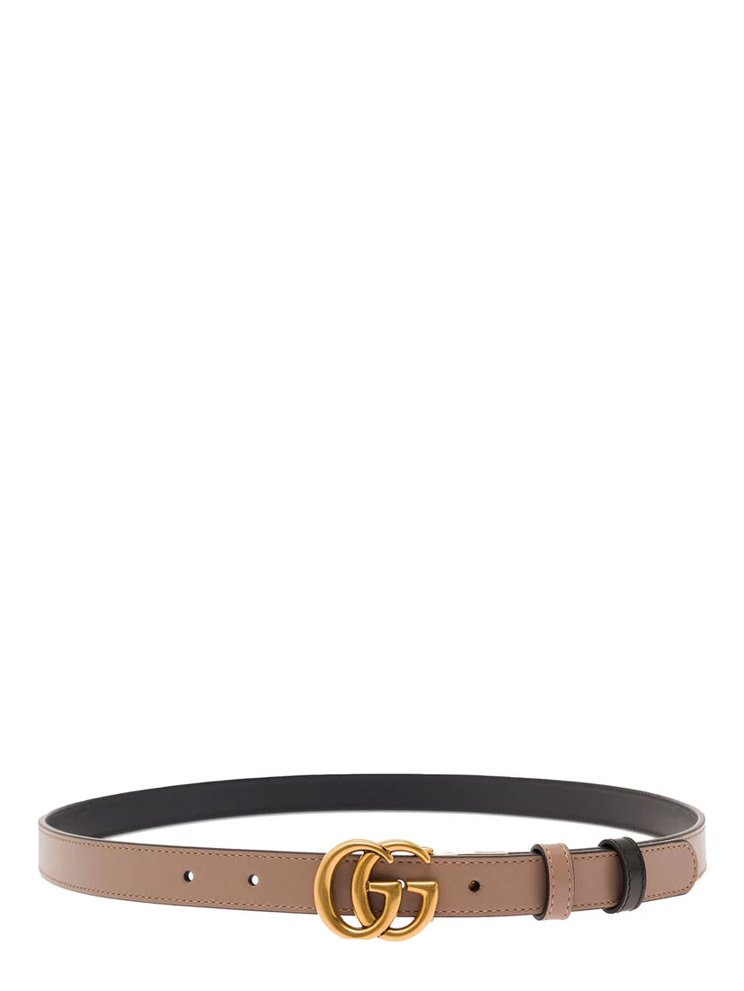 Pink and Black Reversible Belt with GG Logo and Aged-gold Hardware in Leather Woman