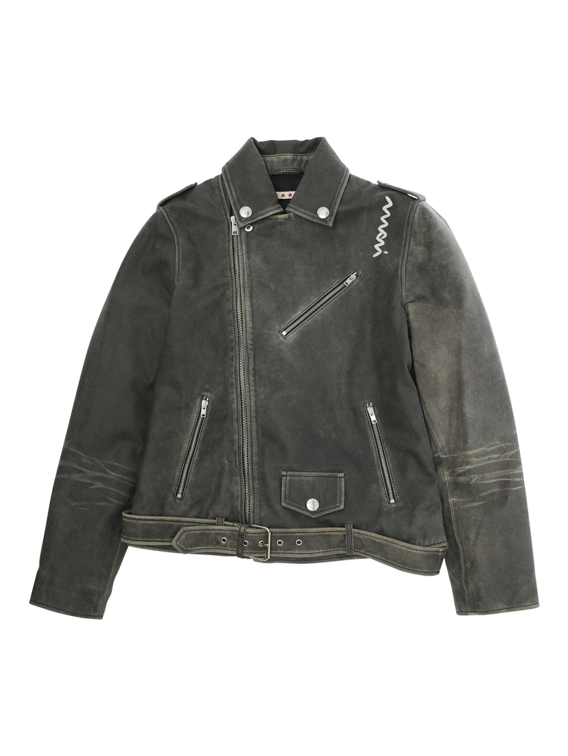 Black Jacket with Distressed Effect and Logo on Front in Leather Boy