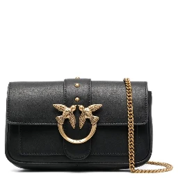 Love One Pocket Black Shoulder Bag with Logo Patch in Smooth Leather Woman