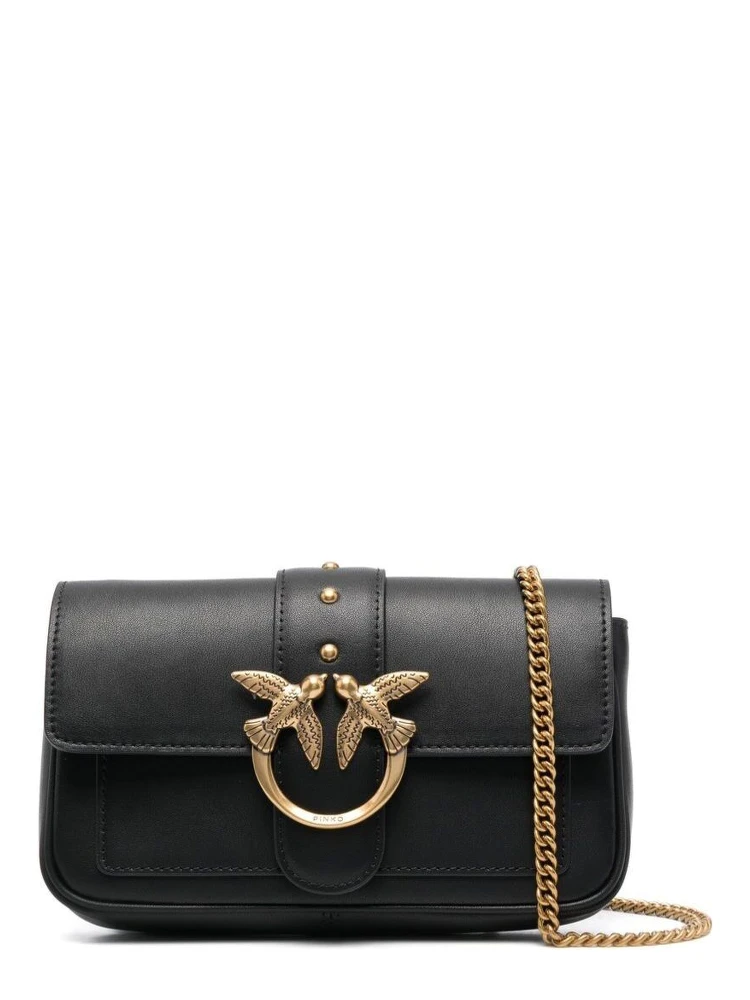 Love One Pocket Black Shoulder Bag with Logo Patch in Smooth Leather Woman