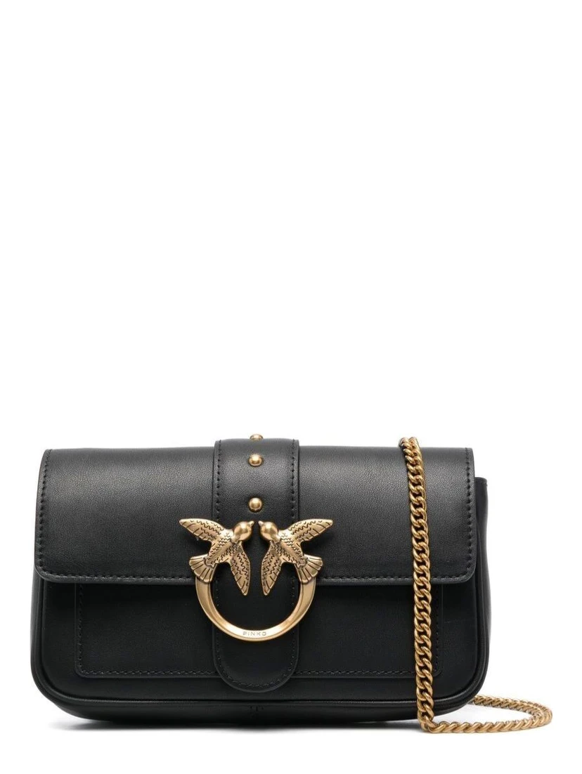 Love One Pocket Black Shoulder Bag with Logo Patch in Smooth Leather Woman