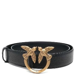 حزام أسود بتصميم طيور الحب، مزين بإبزيم يحمل شعار العلامة التجارية، مصنوع من الجلد الناعم الحريري، للنساء، من ماركة بينكو.