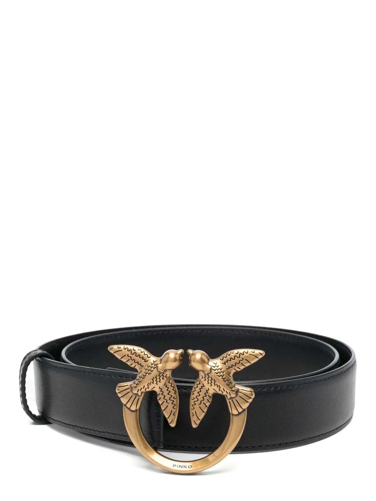 Love Birds Black Belt with Logo Buckle in Soft Silky Leather Woman Pinko