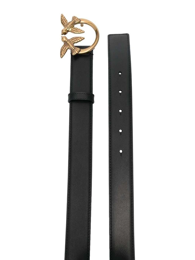 Love Birds Black Belt with Logo Buckle in Soft Silky Leather Woman Pinko