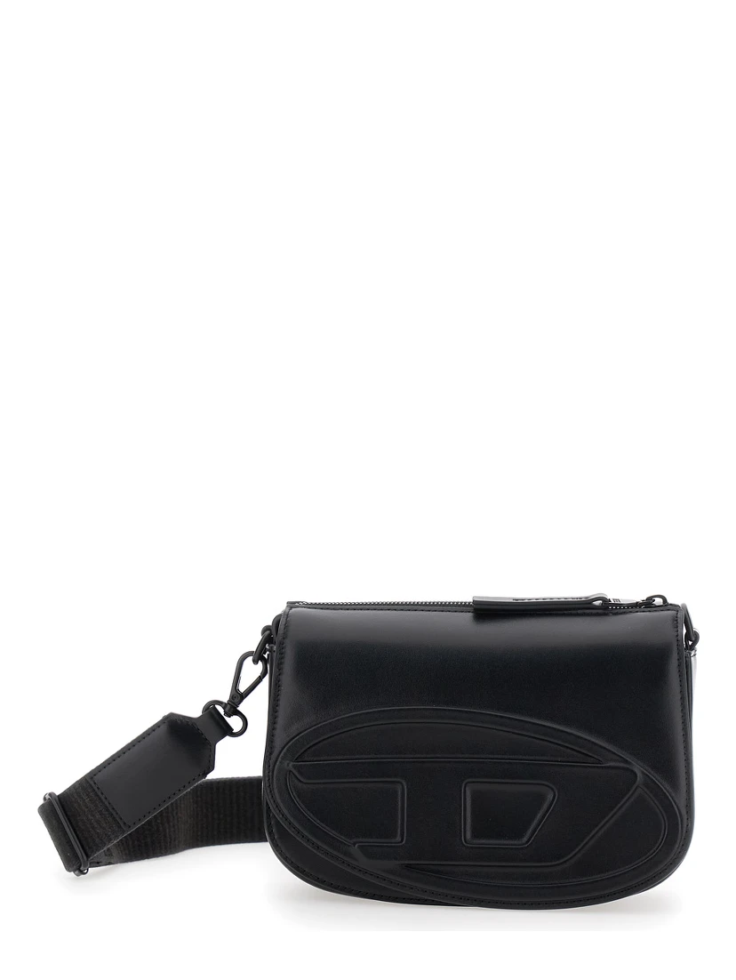 1DR Black Crossbody Bag with Oval D Logo Embroidery on the Front in Leather Man