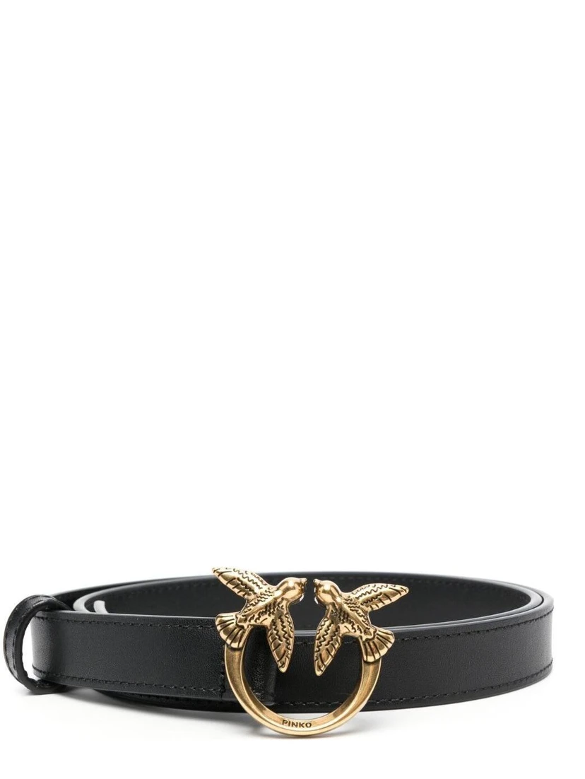 Love Birds Black Belt with Logo Buckle in Soft Silky Leather Woman