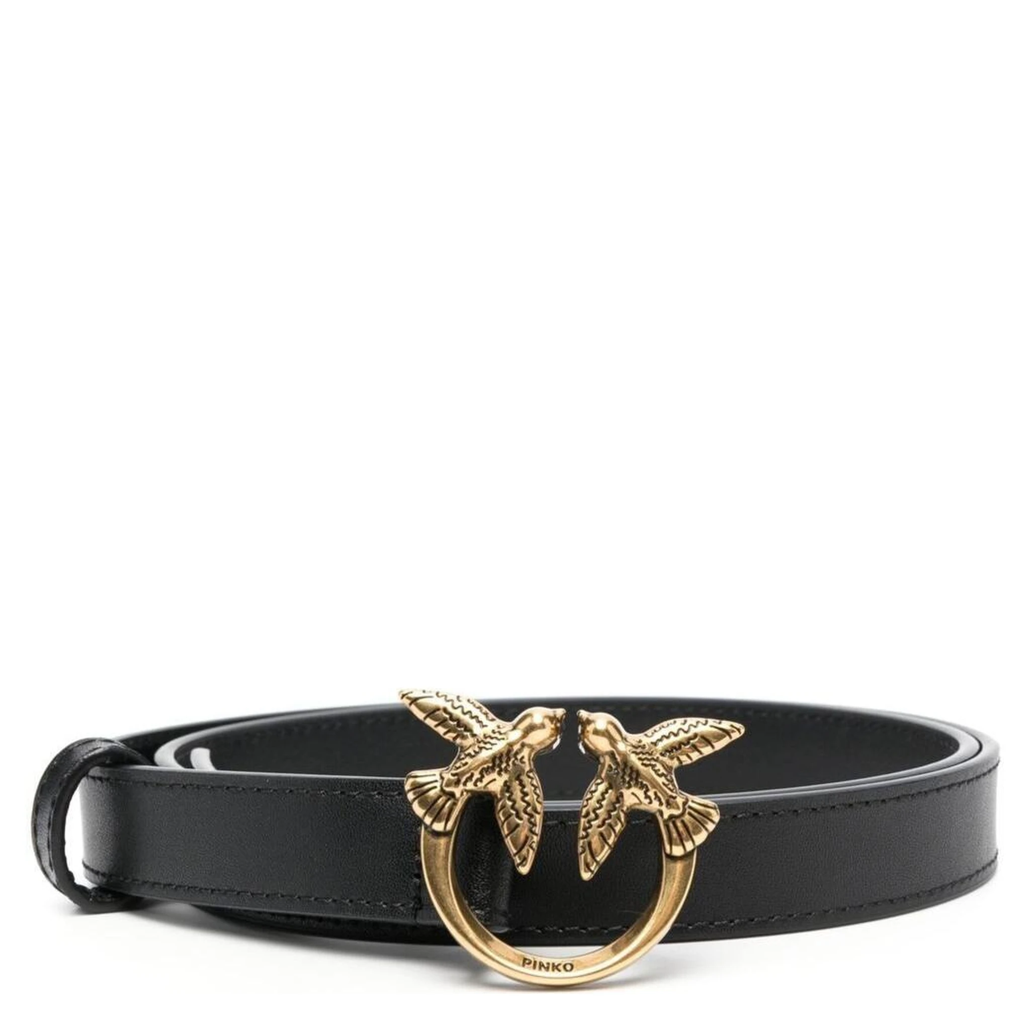 حزام أسود بتصميم طيور الحب، مزين بإبزيم يحمل شعار العلامة التجارية، مصنوع من الجلد الناعم الحريري، للنساء